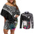 Black Nauru Couples Matching Off Shoulder Short Dress and Long Sleeve Button Shirt Naoero Map With Polynesian Tropical Flowers