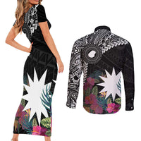 Black Nauru Couples Matching Short Sleeve Bodycon Dress and Long Sleeve Button Shirt Naoero Map With Polynesian Tropical Flowers