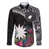 Black Nauru Family Matching Long Sleeve Bodycon Dress and Hawaiian Shirt Naoero Map With Polynesian Tropical Flowers