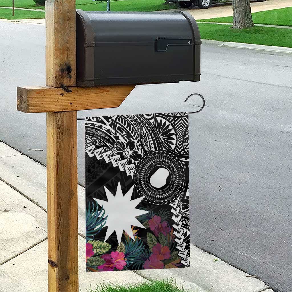 Black Nauru Garden Flag Naoero Map With Polynesian Tropical Flowers