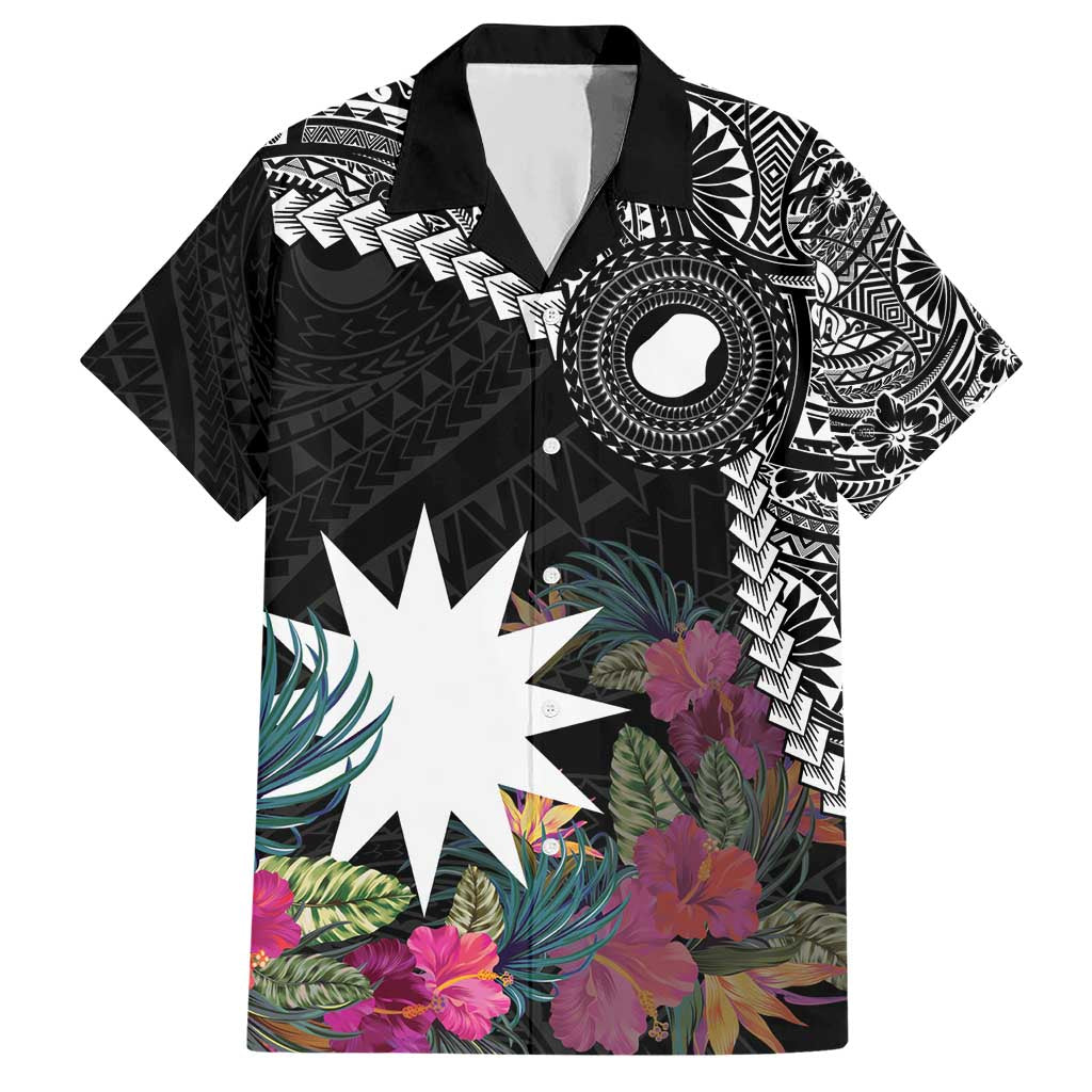 Black Nauru Hawaiian Shirt Naoero Map With Polynesian Tropical Flowers