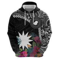 Black Nauru Hoodie Naoero Map With Polynesian Tropical Flowers