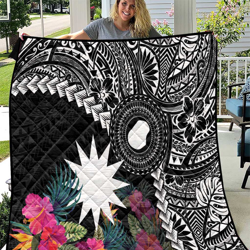 Black Nauru Quilt Naoero Map With Polynesian Tropical Flowers