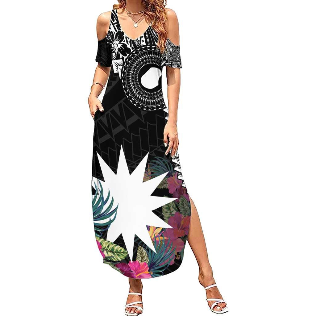 Black Nauru Summer Maxi Dress Naoero Map With Polynesian Tropical Flowers