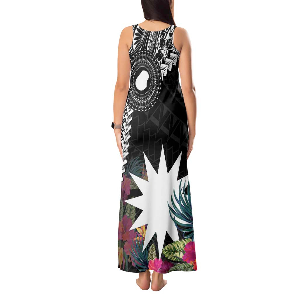 Black Nauru Tank Maxi Dress Naoero Map With Polynesian Tropical Flowers