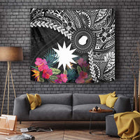 Black Nauru Tapestry Naoero Map With Polynesian Tropical Flowers