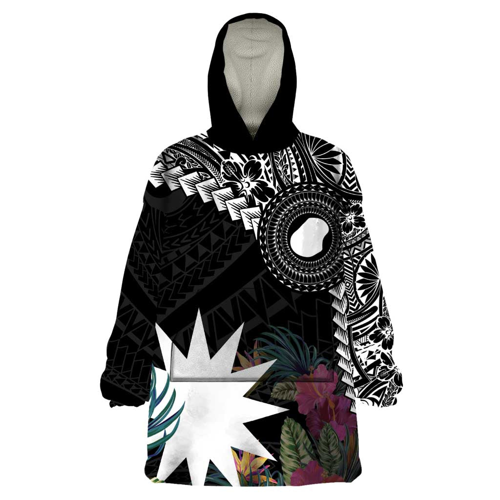 Black Nauru Wearable Blanket Hoodie Naoero Map With Polynesian Tropical Flowers