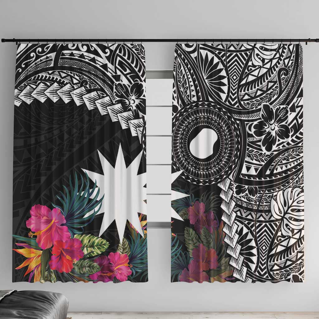 Black Nauru Window Curtain Naoero Map With Polynesian Tropical Flowers