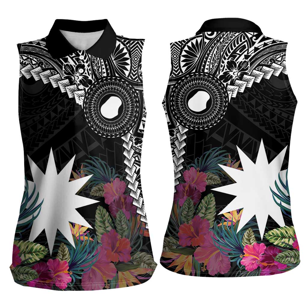 Black Nauru Women Sleeveless Polo Shirt Naoero Map With Polynesian Tropical Flowers