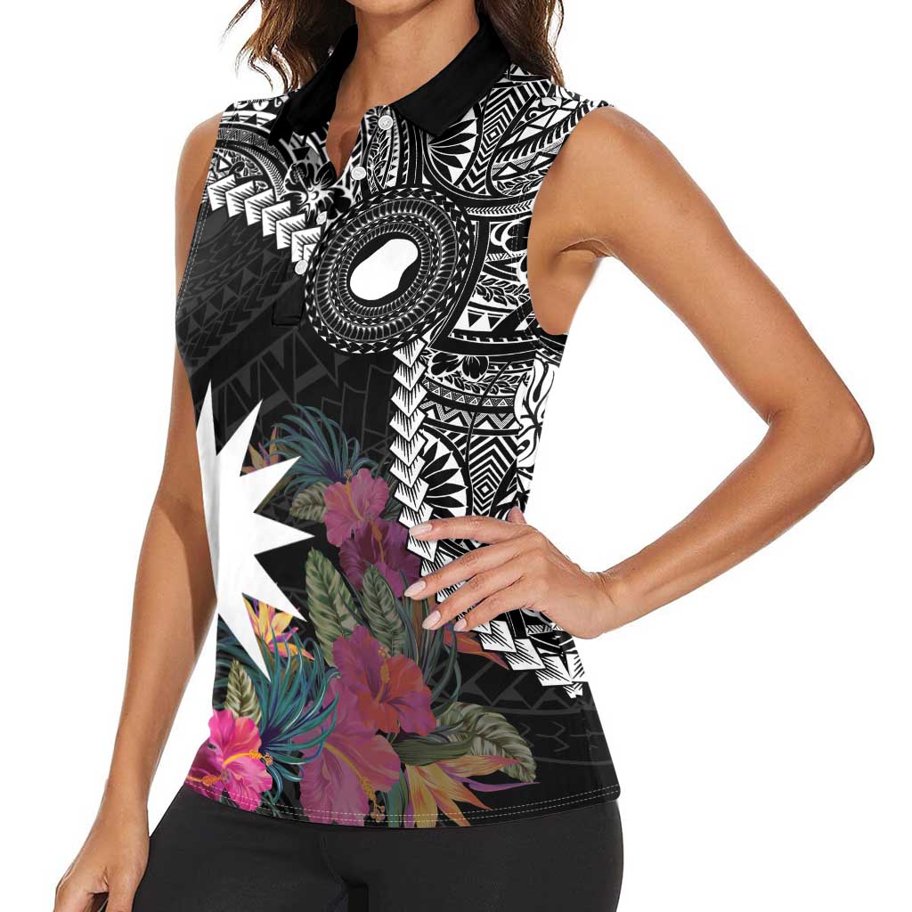 Black Nauru Women Sleeveless Polo Shirt Naoero Map With Polynesian Tropical Flowers