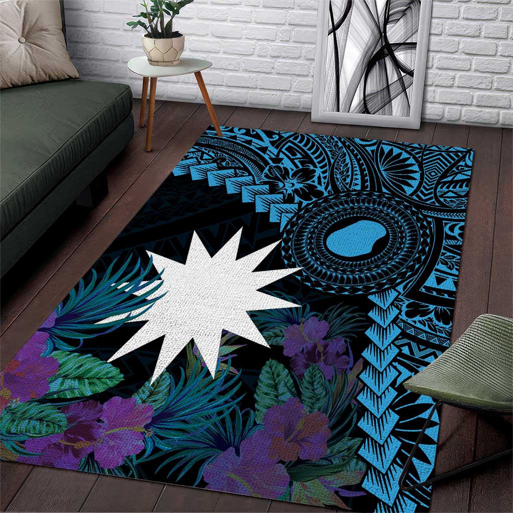 Blue Nauru Area Rug Naoero Map With Polynesian Tropical Flowers