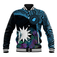 Blue Nauru Baseball Jacket Naoero Map With Polynesian Tropical Flowers