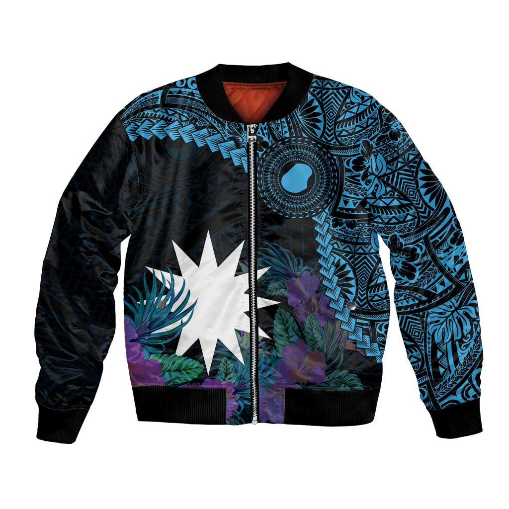 Blue Nauru Bomber Jacket Naoero Map With Polynesian Tropical Flowers