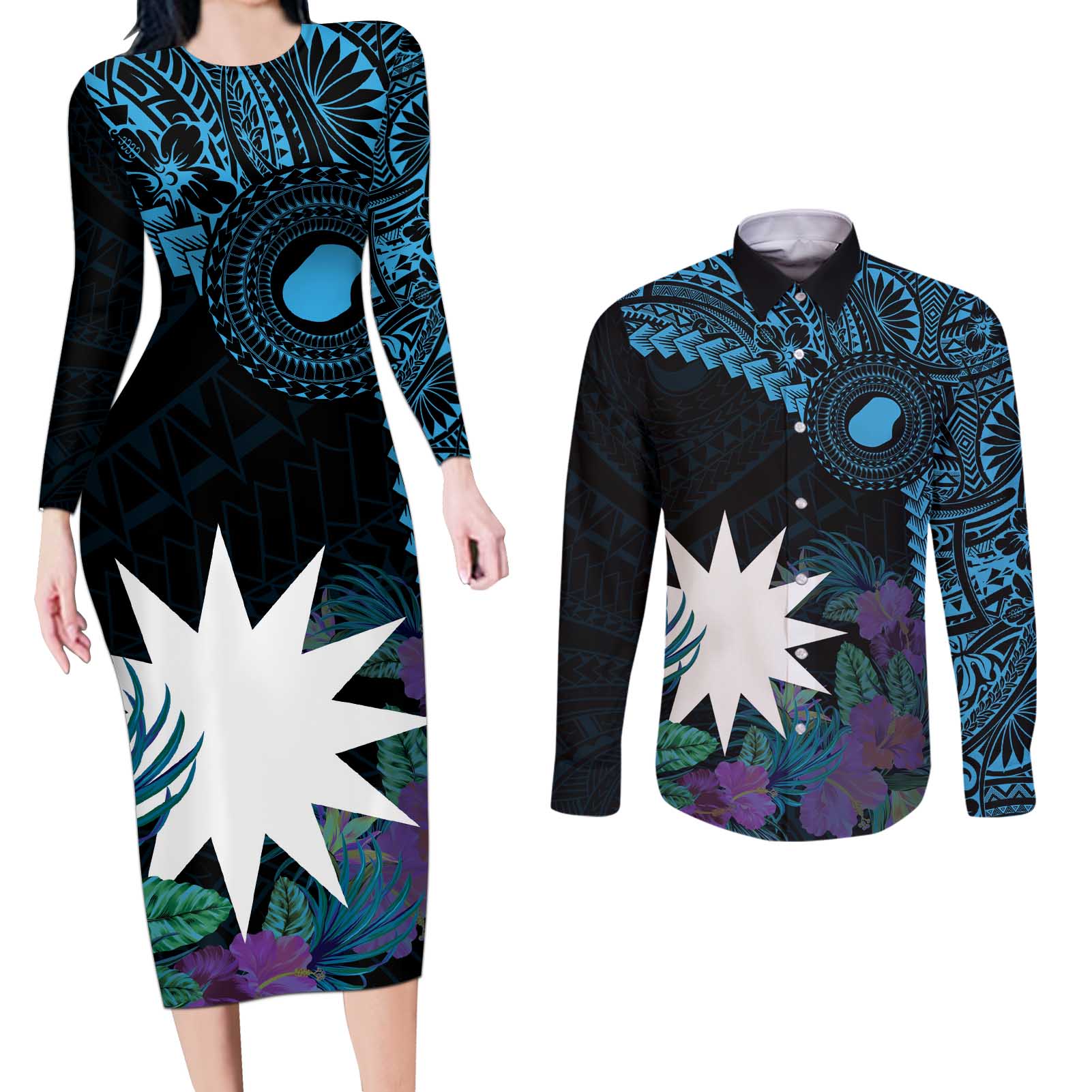 Blue Nauru Couples Matching Long Sleeve Bodycon Dress and Long Sleeve Button Shirt Naoero Map With Polynesian Tropical Flowers