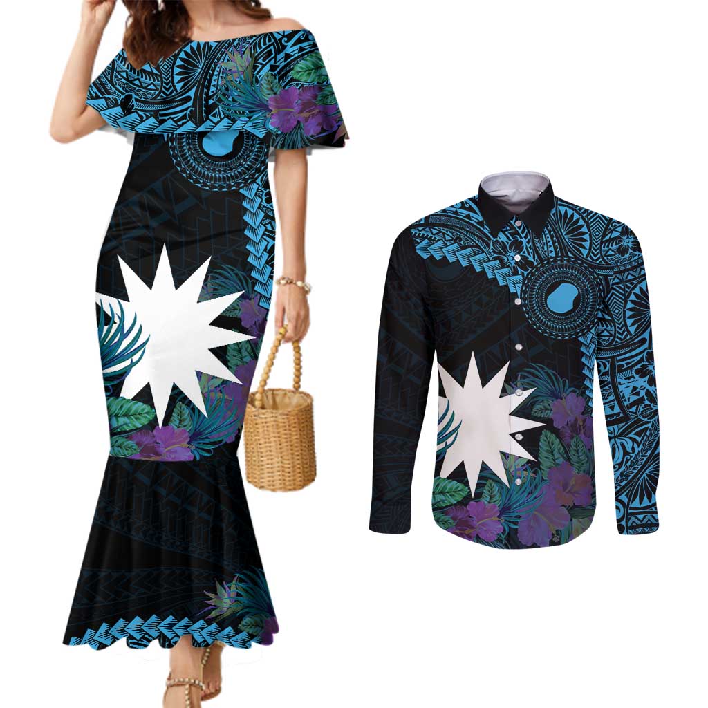 Blue Nauru Couples Matching Mermaid Dress and Long Sleeve Button Shirt Naoero Map With Polynesian Tropical Flowers