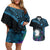 Blue Nauru Couples Matching Off Shoulder Short Dress and Hawaiian Shirt Naoero Map With Polynesian Tropical Flowers