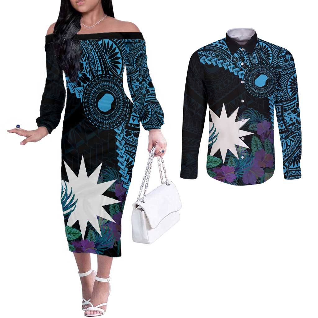 Blue Nauru Couples Matching Off The Shoulder Long Sleeve Dress and Long Sleeve Button Shirt Naoero Map With Polynesian Tropical Flowers