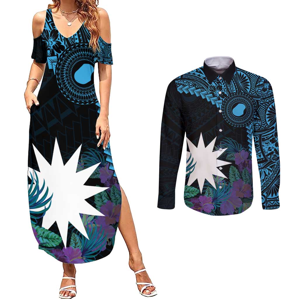 Blue Nauru Couples Matching Summer Maxi Dress and Long Sleeve Button Shirt Naoero Map With Polynesian Tropical Flowers