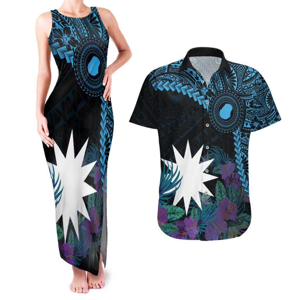 Blue Nauru Couples Matching Tank Maxi Dress and Hawaiian Shirt Naoero Map With Polynesian Tropical Flowers