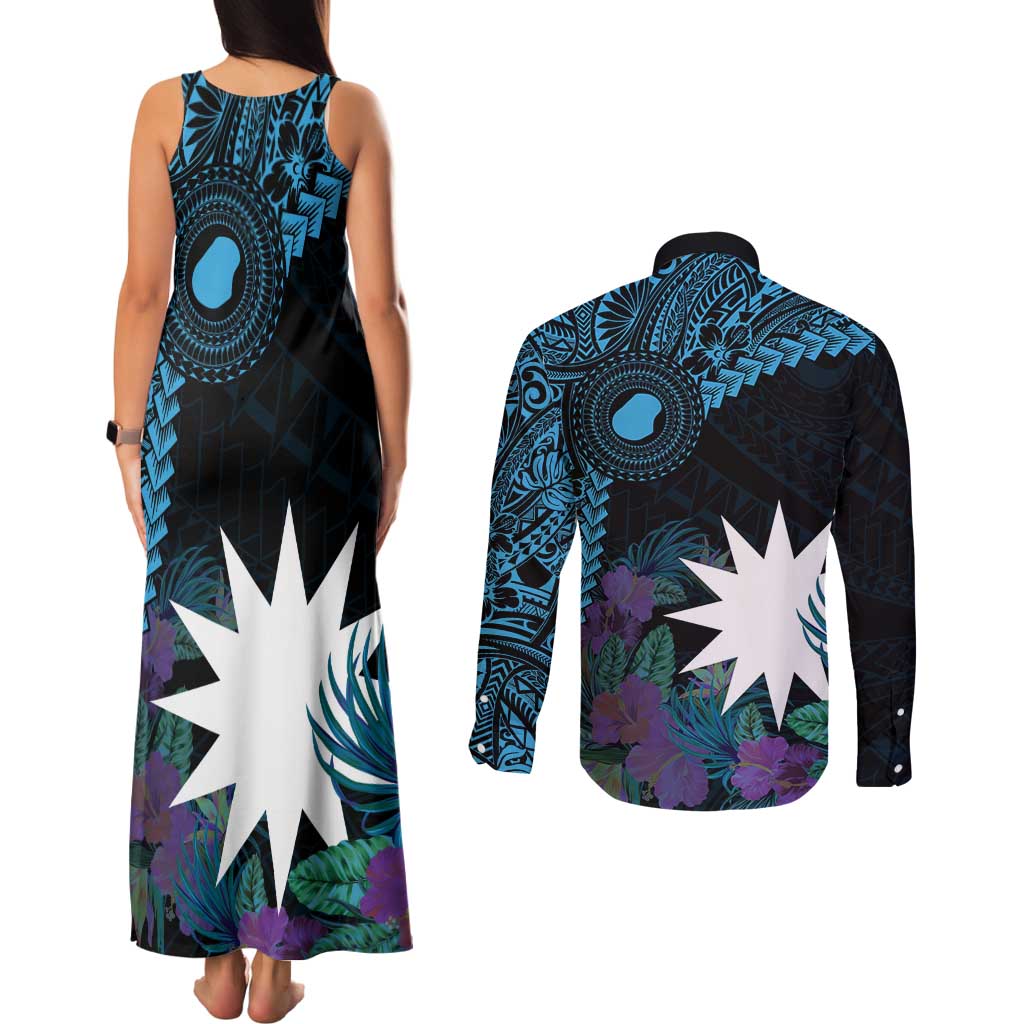 Blue Nauru Couples Matching Tank Maxi Dress and Long Sleeve Button Shirt Naoero Map With Polynesian Tropical Flowers