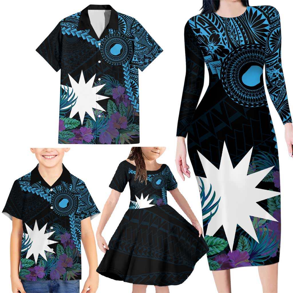 Blue Nauru Family Matching Long Sleeve Bodycon Dress and Hawaiian Shirt Naoero Map With Polynesian Tropical Flowers