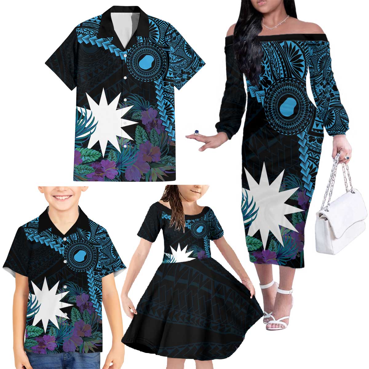 Blue Nauru Family Matching Off The Shoulder Long Sleeve Dress and Hawaiian Shirt Naoero Map With Polynesian Tropical Flowers