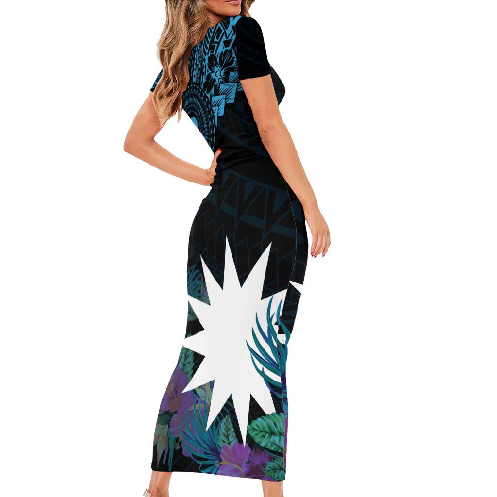 Blue Nauru Family Matching Short Sleeve Bodycon Dress and Hawaiian Shirt Naoero Map With Polynesian Tropical Flowers