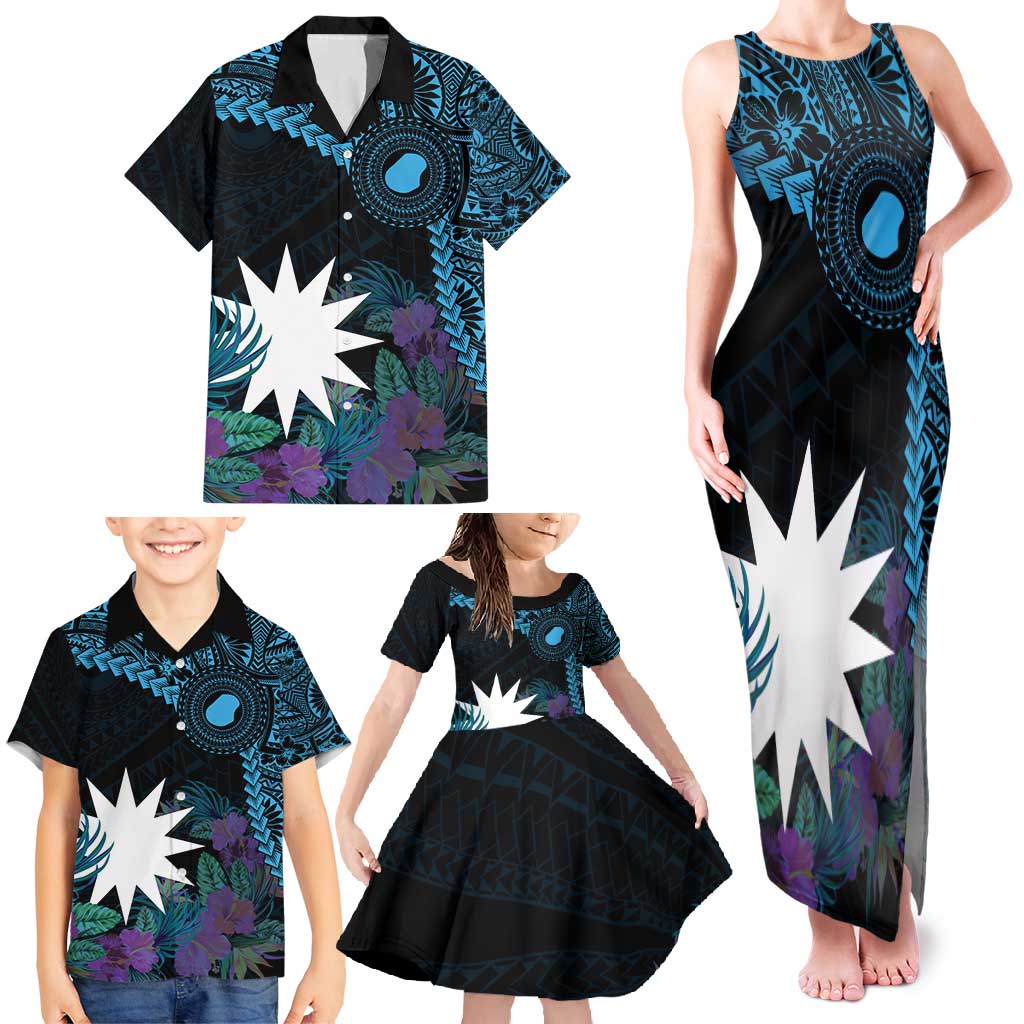 Blue Nauru Family Matching Tank Maxi Dress and Hawaiian Shirt Naoero Map With Polynesian Tropical Flowers