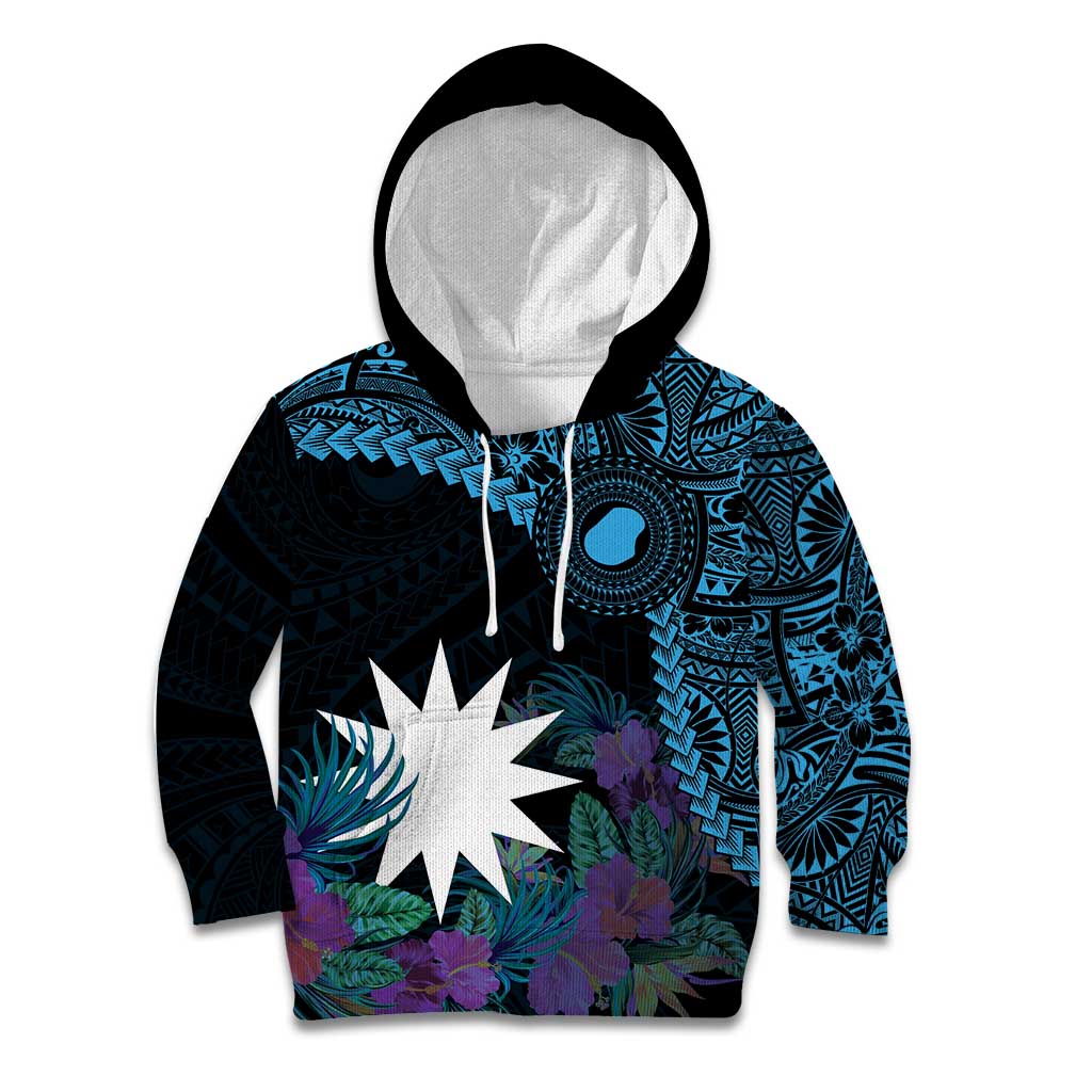 Blue Nauru Kid Hoodie Naoero Map With Polynesian Tropical Flowers