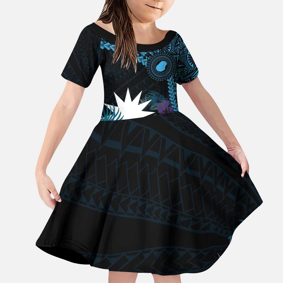 Blue Nauru Kid Short Sleeve Dress Naoero Map With Polynesian Tropical Flowers