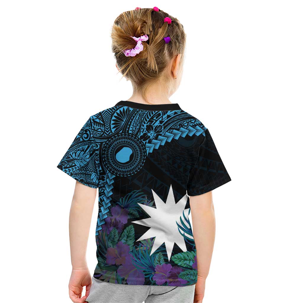 Blue Nauru Kid T Shirt Naoero Map With Polynesian Tropical Flowers