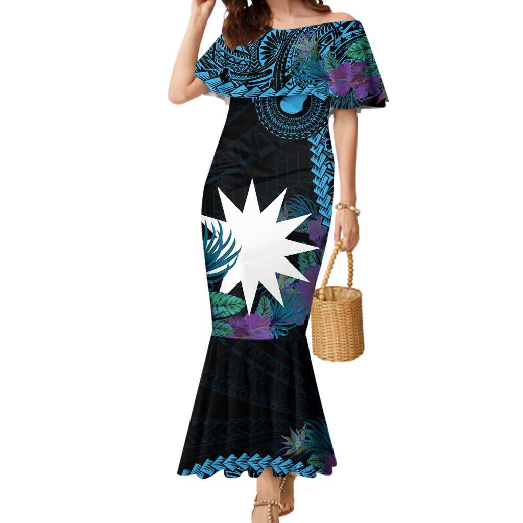 Blue Nauru Mermaid Dress Naoero Map With Polynesian Tropical Flowers