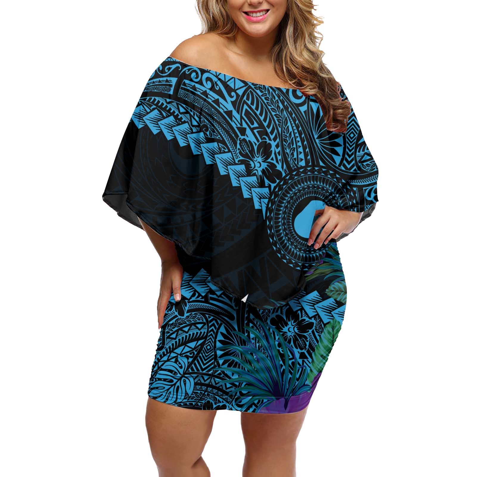 Blue Nauru Off Shoulder Short Dress Naoero Map With Polynesian Tropical Flowers