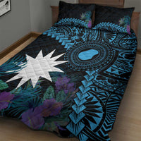 Blue Nauru Quilt Bed Set Naoero Map With Polynesian Tropical Flowers