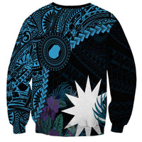 Blue Nauru Sweatshirt Naoero Map With Polynesian Tropical Flowers