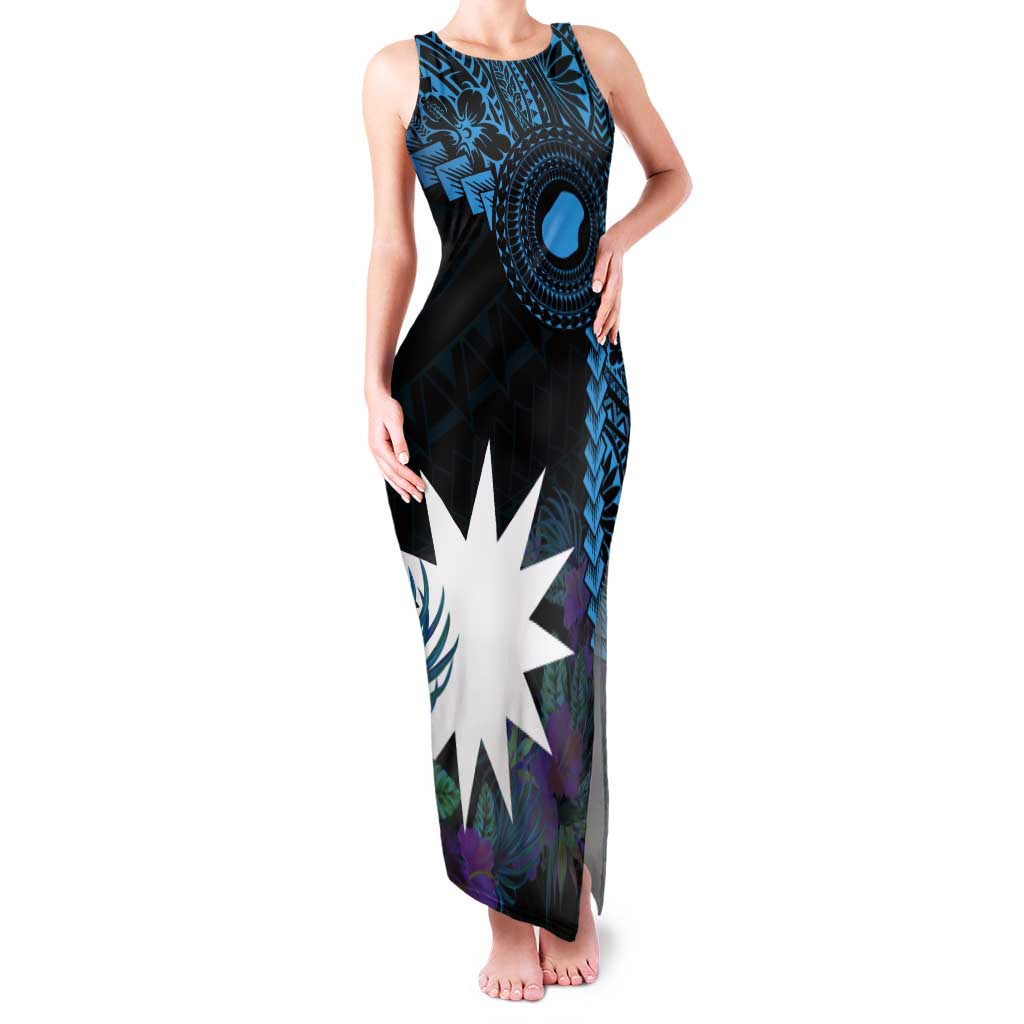 Blue Nauru Tank Maxi Dress Naoero Map With Polynesian Tropical Flowers