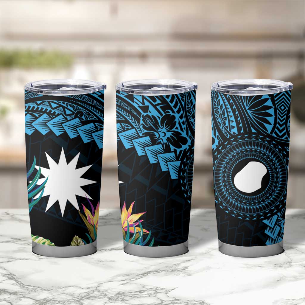 Blue Nauru Tumbler Cup Naoero Map With Polynesian Tropical Flowers