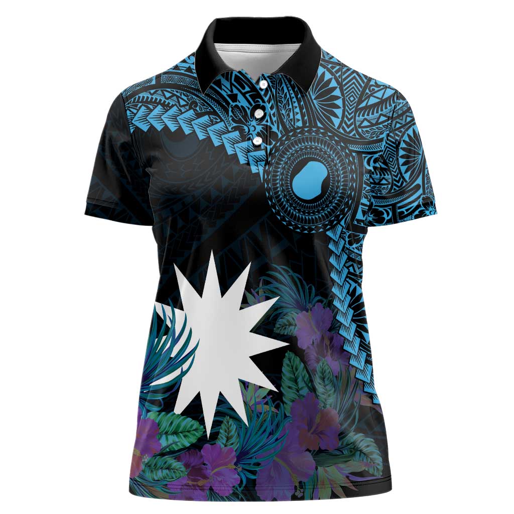 Blue Nauru Women Polo Shirt Naoero Map With Polynesian Tropical Flowers