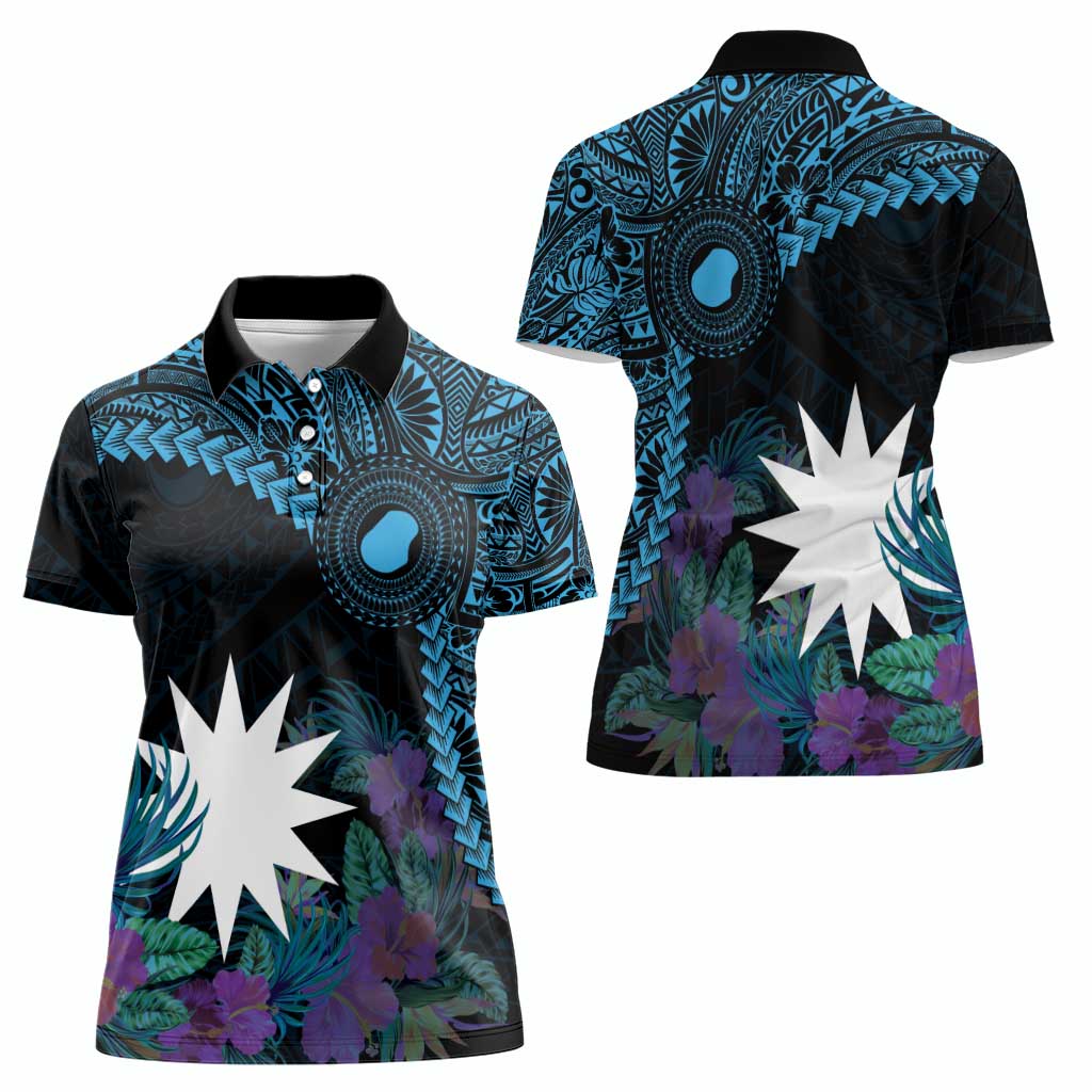 Blue Nauru Women Polo Shirt Naoero Map With Polynesian Tropical Flowers