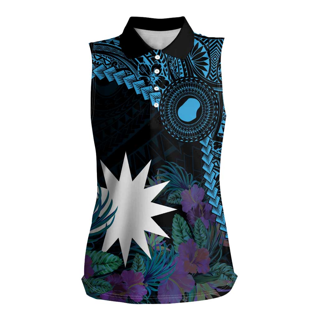 Blue Nauru Women Sleeveless Polo Shirt Naoero Map With Polynesian Tropical Flowers