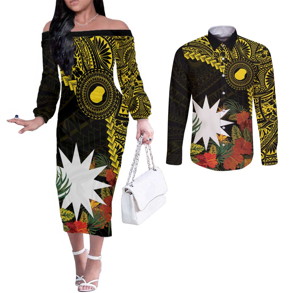 Gold Nauru Couples Matching Off The Shoulder Long Sleeve Dress and Long Sleeve Button Shirt Naoero Map With Polynesian Tropical Flowers