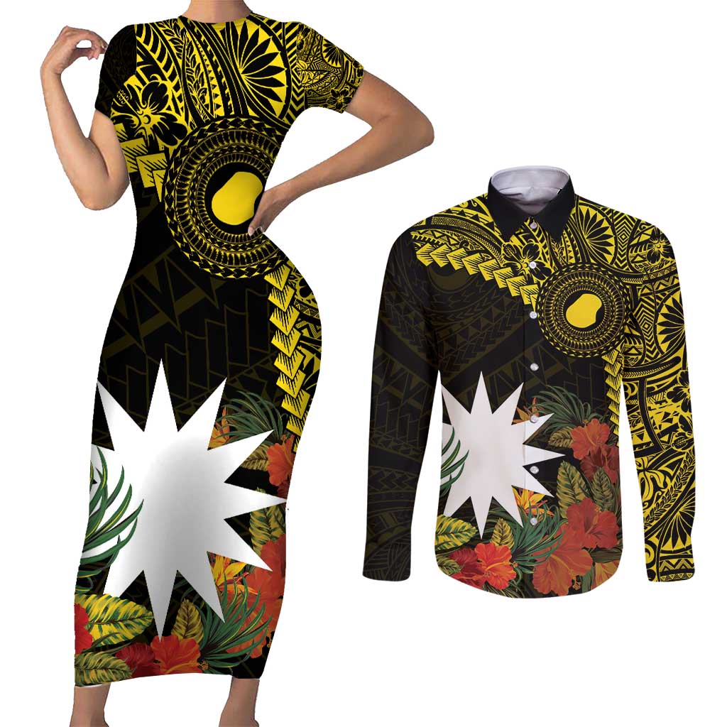 Gold Nauru Couples Matching Short Sleeve Bodycon Dress and Long Sleeve Button Shirt Naoero Map With Polynesian Tropical Flowers