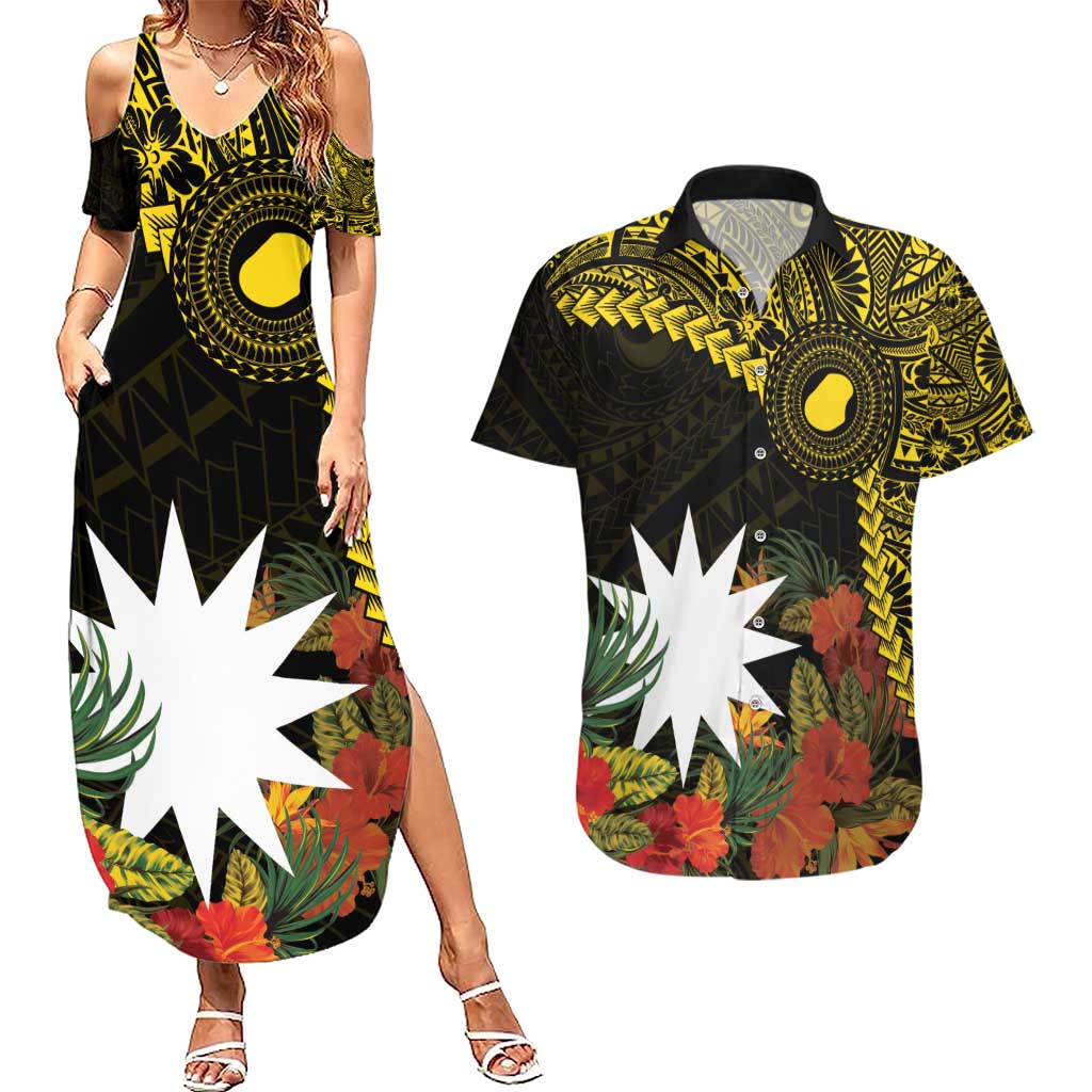 Gold Nauru Couples Matching Summer Maxi Dress and Hawaiian Shirt Naoero Map With Polynesian Tropical Flowers