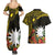 Gold Nauru Couples Matching Summer Maxi Dress and Hawaiian Shirt Naoero Map With Polynesian Tropical Flowers