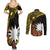 Gold Nauru Couples Matching Summer Maxi Dress and Long Sleeve Button Shirt Naoero Map With Polynesian Tropical Flowers