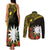 Gold Nauru Couples Matching Tank Maxi Dress and Long Sleeve Button Shirt Naoero Map With Polynesian Tropical Flowers