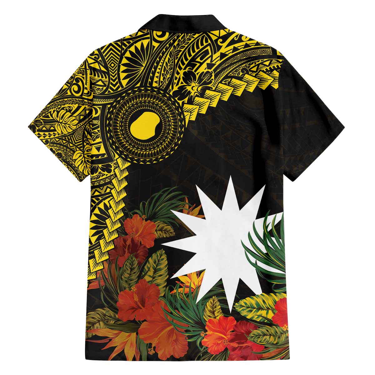 Gold Nauru Family Matching Off Shoulder Short Dress and Hawaiian Shirt Naoero Map With Polynesian Tropical Flowers