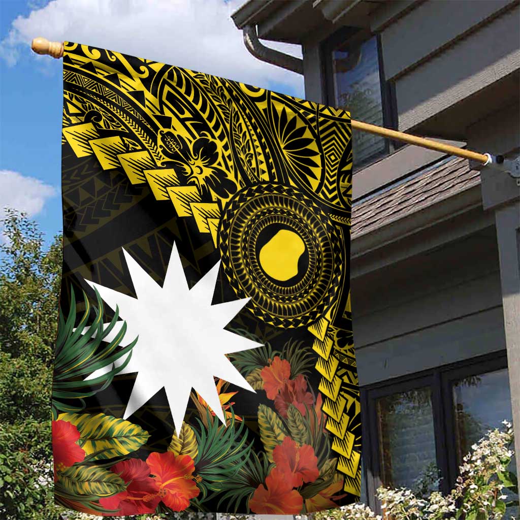 Gold Nauru Garden Flag Naoero Map With Polynesian Tropical Flowers