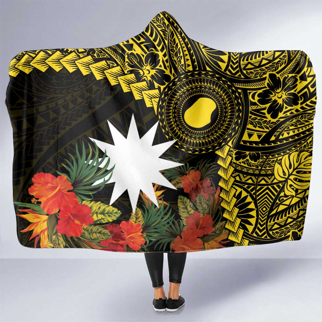 Gold Nauru Hooded Blanket Naoero Map With Polynesian Tropical Flowers