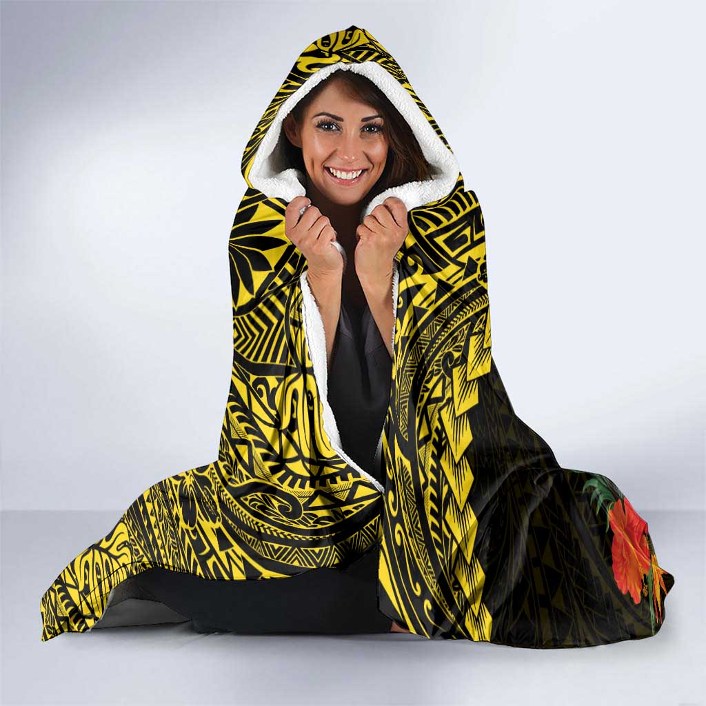 Gold Nauru Hooded Blanket Naoero Map With Polynesian Tropical Flowers